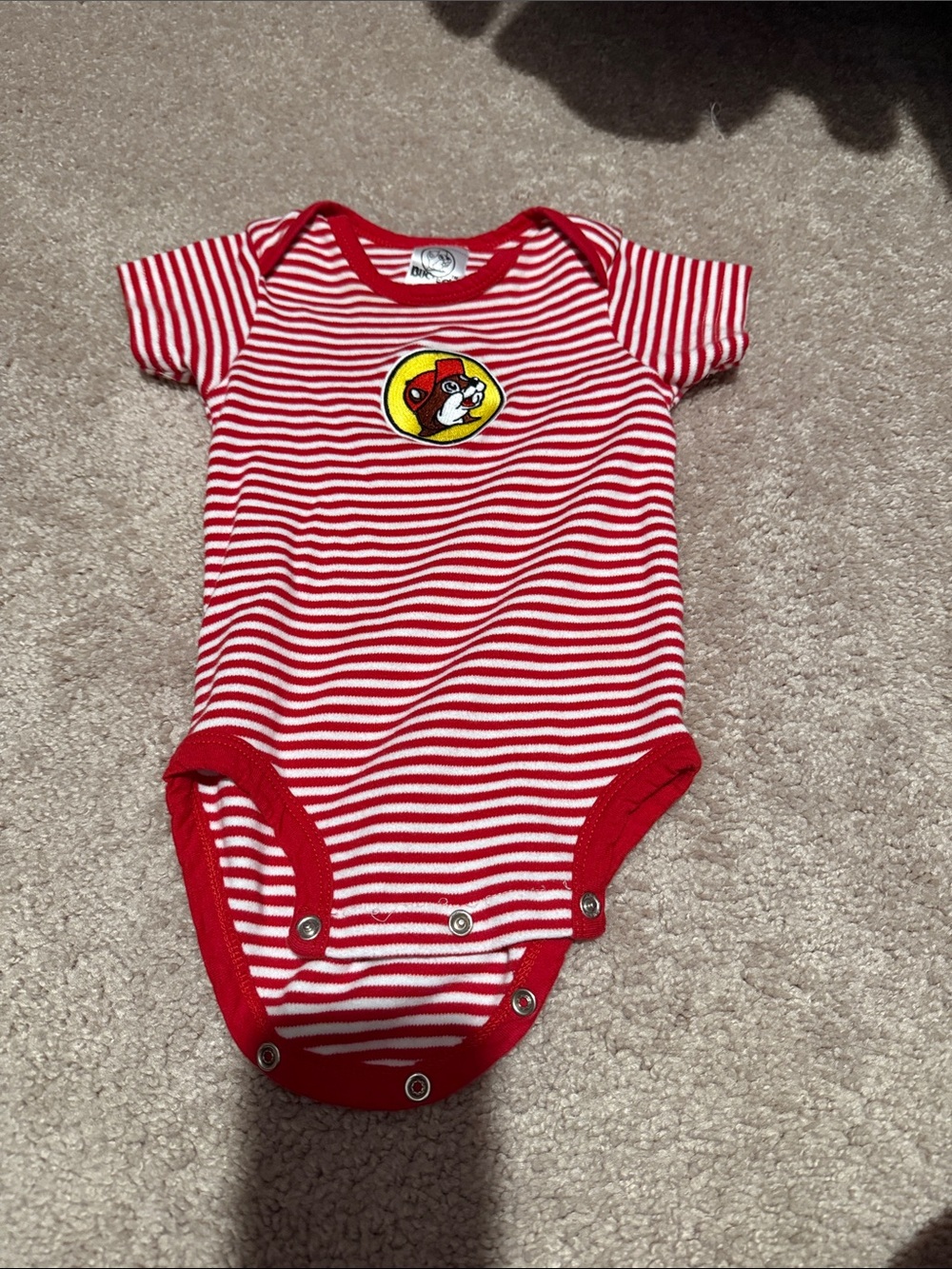 Red & White Striped Baby Bodysuit with Playful Patch